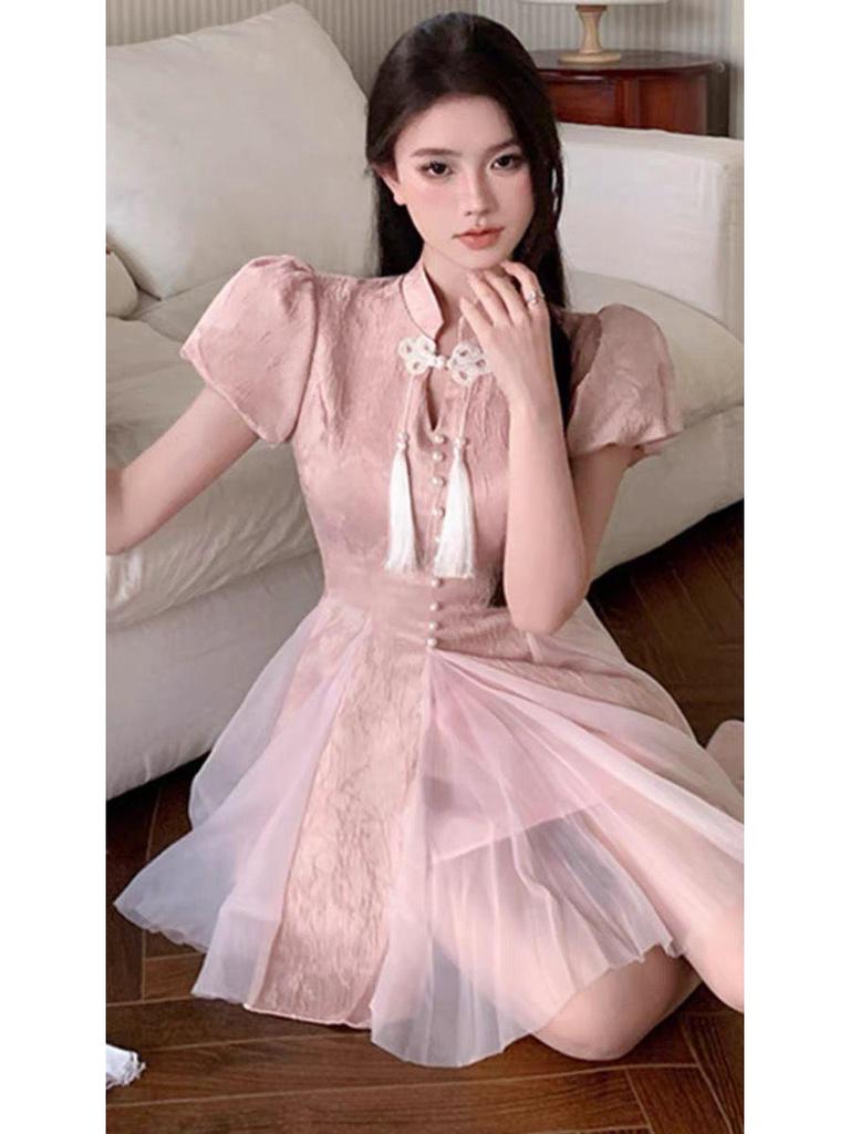 Summer Style National Wind Qipao Dress - Short-Sleeved, Waist-Cinched, Fluffy Skirt for Women