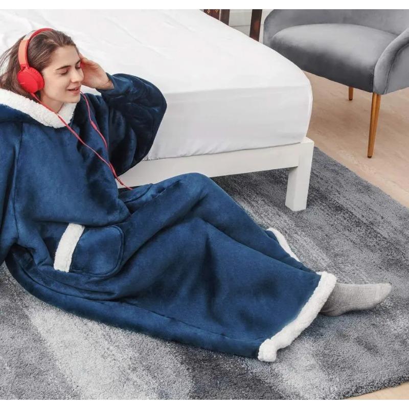 Pijama de Manta de Franela Super Largo con Mangas Sudaderas de Invierno Sudadera para Mujer Hombre Jersey Polar Gigante Oversize Bata de Dormir Cálida
