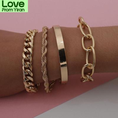 4pcs Punk Curb Cuban Chain Bracelets Set For Women Miami Boho Thick Gold Color Charm Bracelets Bangles Fashion Jewelry