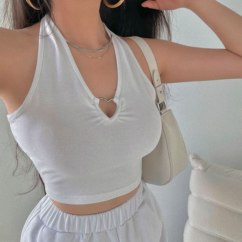 

Женский летний однотонный топ без рукавов с открытой талией и лямками белый