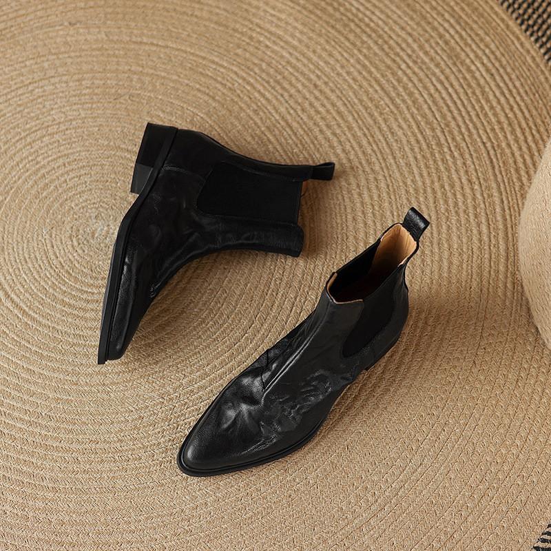 Womens Black Ankle Boots Pointed Toe Chunky Low Heel Slip On Chelsea Fall Winter Fashion Short