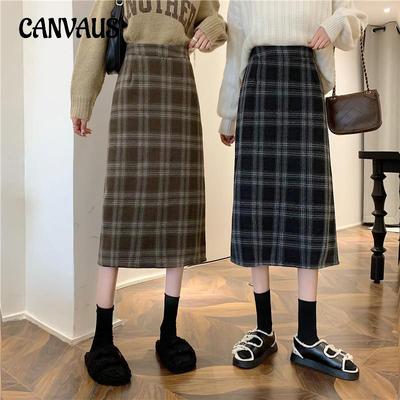 Autumn and Winter Women's Skirts Tweed Plaid High-waisted Mid-length Skirt Open Plaid Medium-length Straight Half-body Skirt