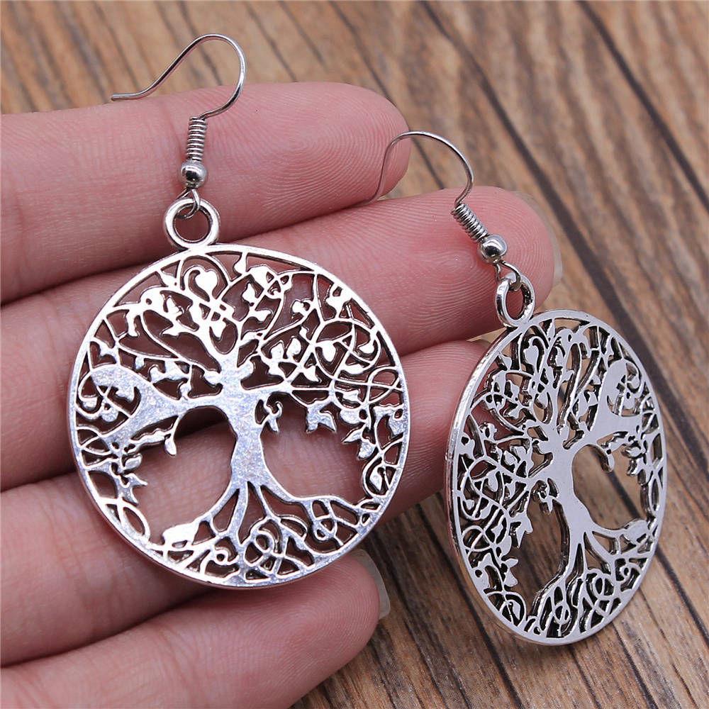 1 Pair Silver Plated Drop Earrings Women Hollow Out Tree Of Life Pattern Round Earring Moda Mujer Jewelry Fashion Pendientes