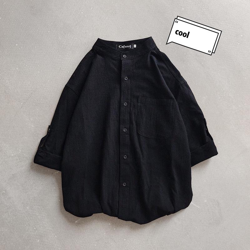 

Мужская модная рубашка в корейском стиле с воротником-стойкой, черно-белая, рукав три четверти, повседневная куртка с длинными рукавами M чёрный