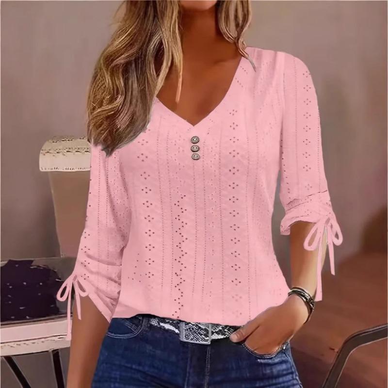 Spring and Summer New Solid Color Jacquard Button Long-sleeved Straps Hollow Loose T-shirt Top