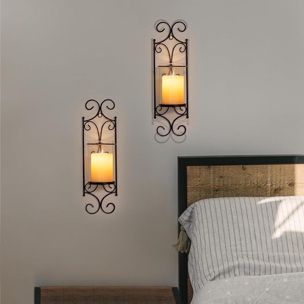 Sziqiqi Candle Sconces Wall Decor - Set of 2 Black Candle Holders for Pillar Contemporary Wall Decorations Sconce Decorative Metal Wall Art for