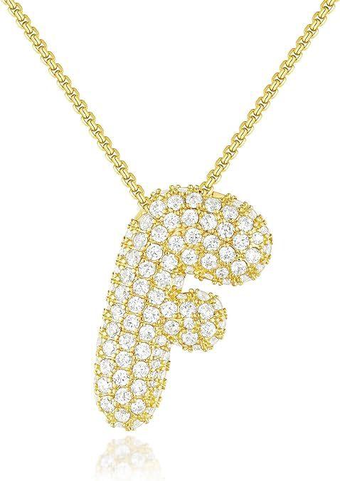 Stainless Steel Bubble Letter Initial Pendant Chunky Women Personality Jewelry Zircon Gold Plated Balloon 26 Letter Necklaces