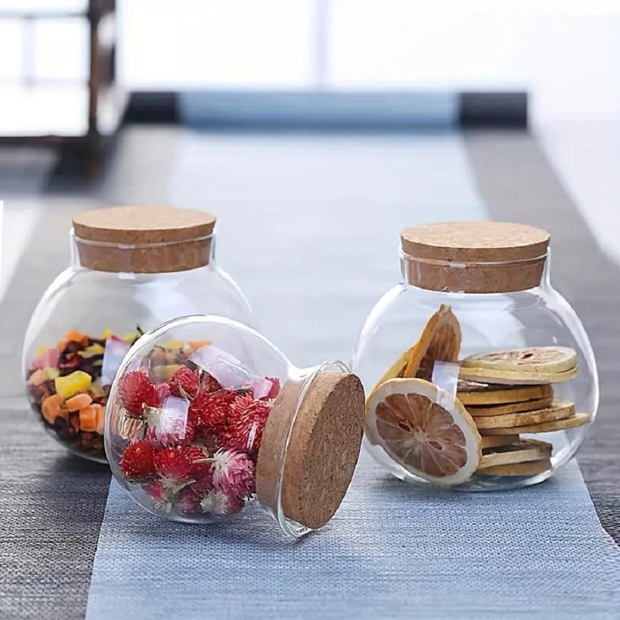 

1pc Storage Containers, 500ML/16.91oz Cork Glass Tea Jar With Cork Stopper, Round Sealed Food Storage Jar, Kitchen Organizers