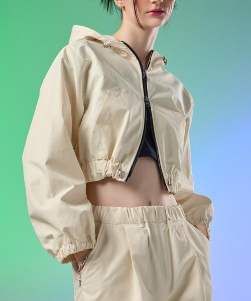 Koleat Women Maxi Crop Zip-Up Hooded Field Jacket Windbreaker [Ivory]