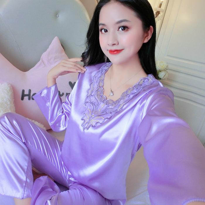 GMXIA Spring and Autumn Thin Ice Silk Pajamas for Women, Long-sleeved Lace for Summer, Smooth and Sexy Two-piece Set Home Wear for Women