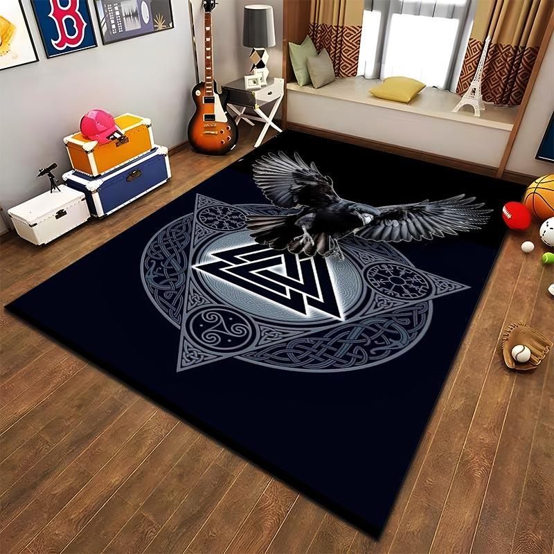 Nordic Raven Carpet with Valknut Symbol and Tribal Patterns Design Suitable for use as an anti-slip for living room bedroom sofas