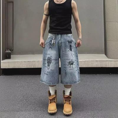 Unisex American Street Graffiti Print Denim Shorts - Trendy, Loose-Fit, Retro-Style Cropped Summer Shorts