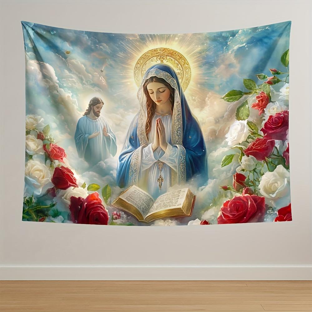 Божественная Дева Мария Гобелен Сияющий Нимб Розы Открытая Книга Небесные Облака для Духовного и Вдохновляющего Домашнего Декора Настенное Искусство 74x94cm(29x37in)