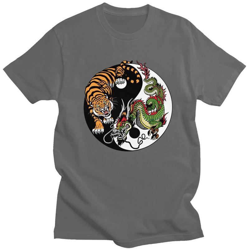 Custom Male Dragon And Tiger Yin Yang Symbol T Shirts Short Sleeve Cotton Tshirt Leisure Tees Slim Fit Clothes