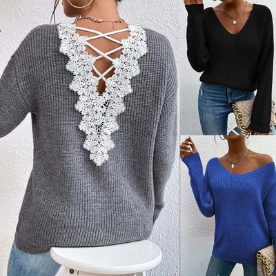 Sweater Lace Splicing New European and American Sexy Backless Hollow V-neck Pullover Long-sleeved Sweater for Women X1562