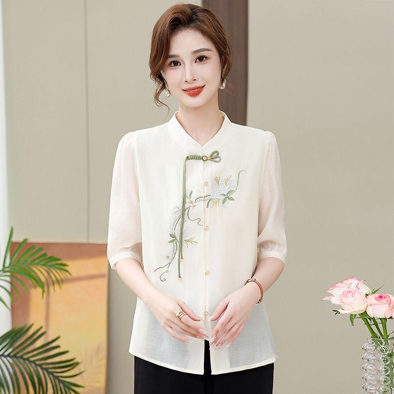 

Китайский стиль, летний вышитый топ с короткими рукавами для среднего возраста, женский новый стиль, западный стиль, одежда для мам, комплект с короткими рукавами 2XL recommends 145-160g белый