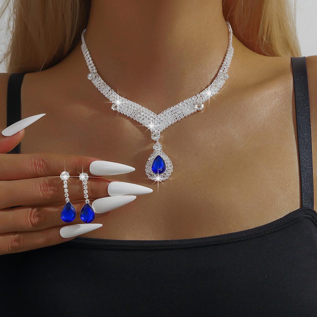 3PC Women's Fashion Copper Claw Chain Series Water Drop Necklace Earrings Zircon Set Wedding Banquet Party Holiday Gift