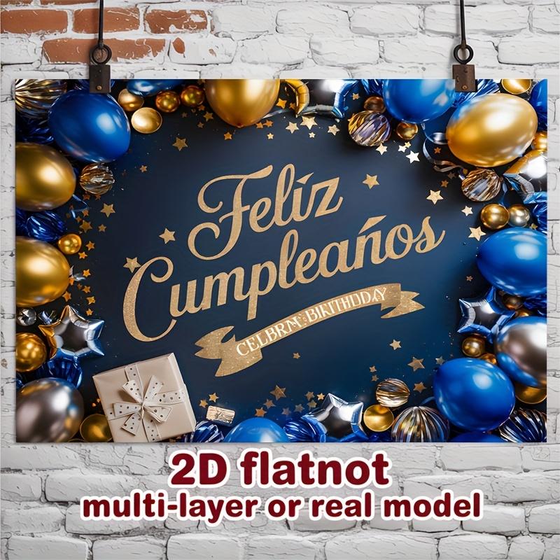 2D flach, 1-teiliges spanisches Happy Birthday Party-Banner mit goldenen und blauen Luftballons, Sternen und Geschenkboxen für die Familie,