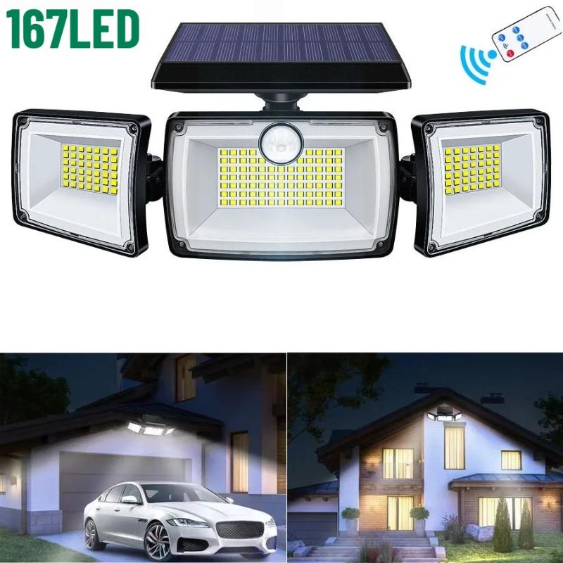 Solar Lights Outdoor 3 Heads Flood 167 LED Security Light Waterproof with PIR Motion Sensor Garden Yard Garage Street Wall Lighting