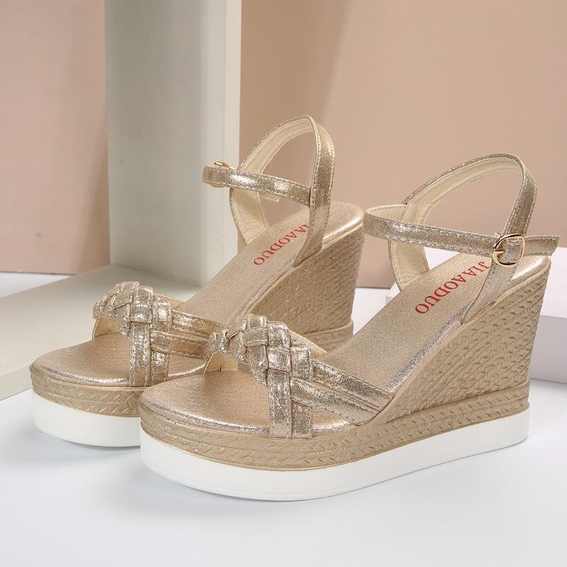 

Fashion Summer 2025 New Soft Leather Open Toe Women s Wedge Sandals Platform Soft Sole Lightweight Buckle Strap Heels 41 золотой