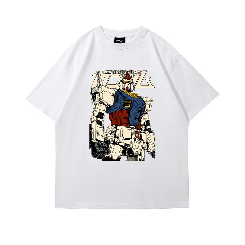 Gundam Shortsleeved Printed Tshirt 2025 Summer Male Tide Brand Cartoon Printing Pure Cotton Loose Youth Round Neck Tshirt