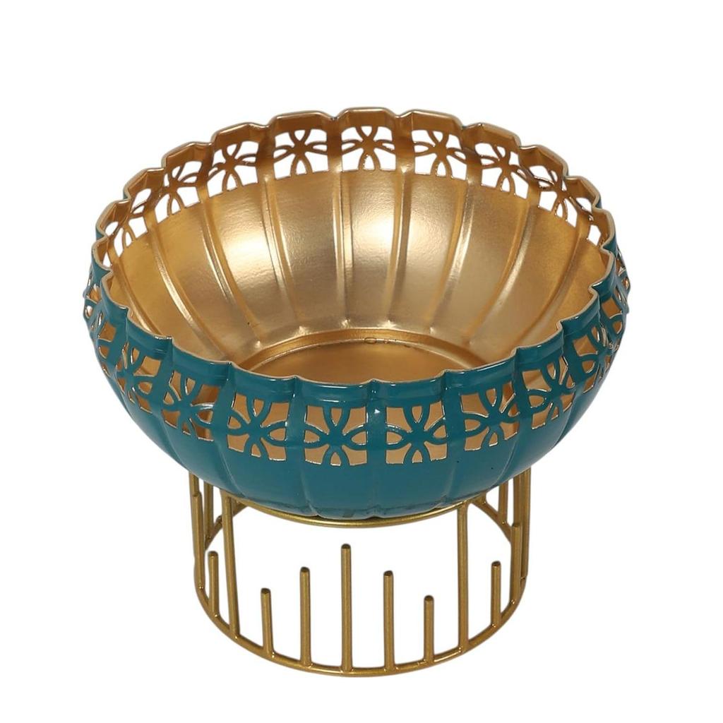Two Moustaches 8 Inches Decorative Metal Urli with Stand, Urli for Home Decor, Flowers Decoration Bowl