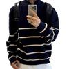 Men's College-Style Striped Knit Sweater, Stand Collar, Half-Zip, Loose Fit for Autumn & Winter, Warm High-End Top