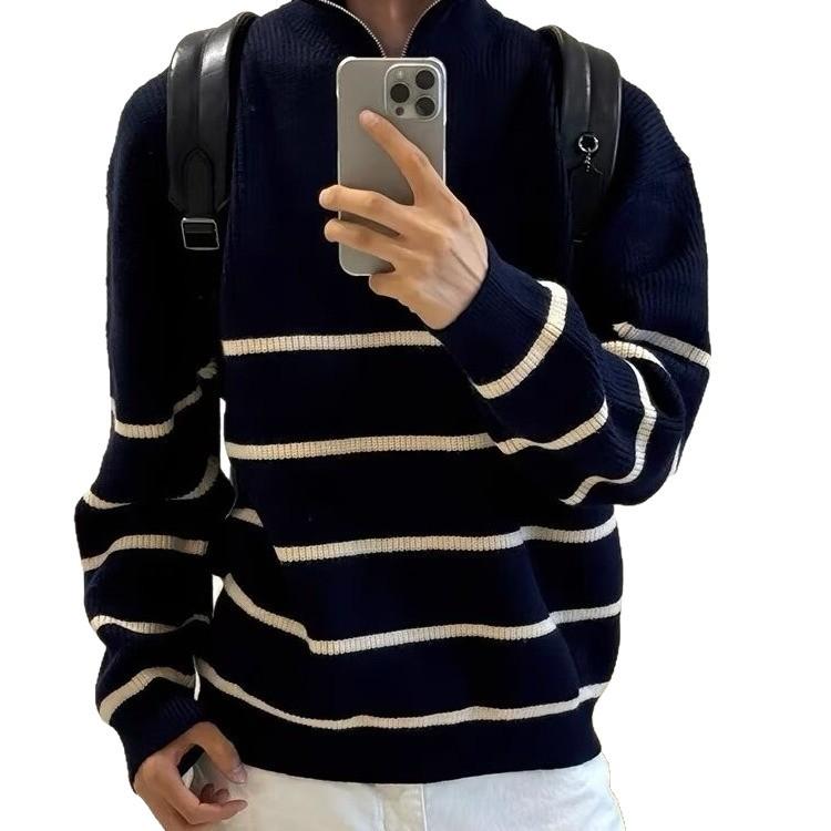 Men's College-Style Striped Knit Sweater, Stand Collar, Half-Zip, Loose Fit for Autumn & Winter, Warm High-End Top