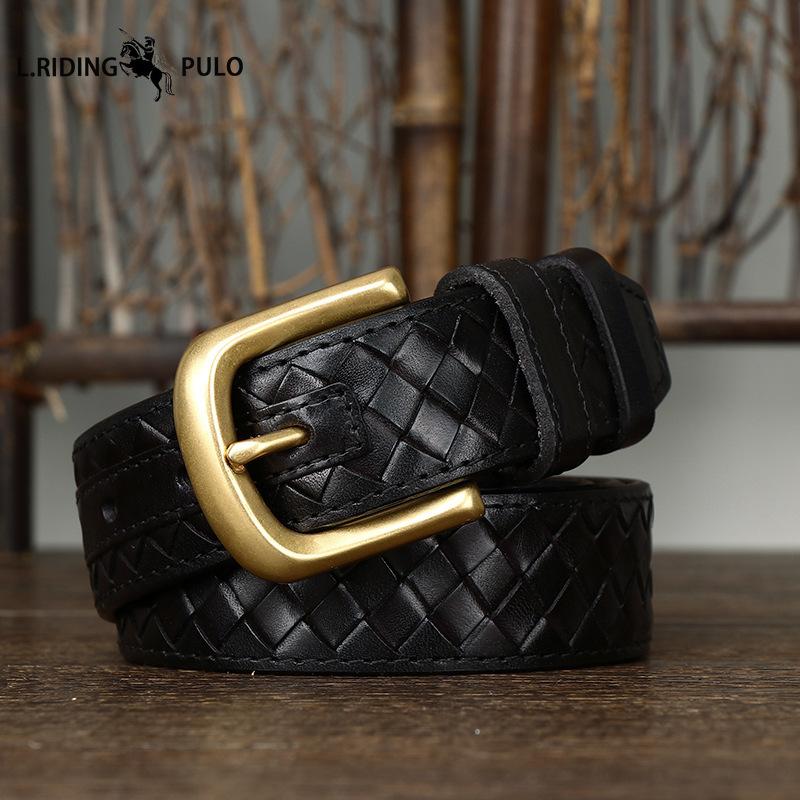 Trendy, Retro, Stylish, Versatile, Top-grain Pure Cowhide Woven Belt for Men, Genuine Leather, Copper Buckle, Woven Denim Belt