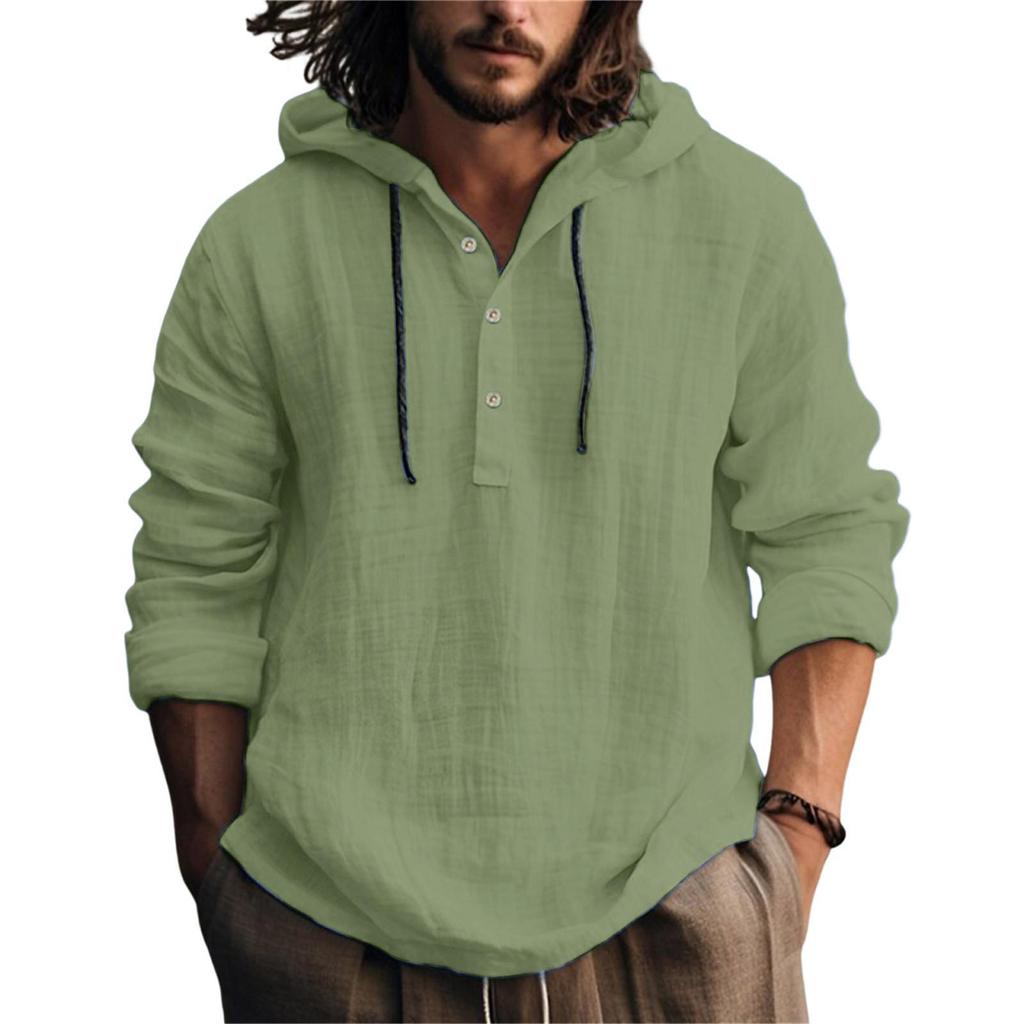 Men's Cotton Linen Hooded Sweatshirt - Casual Solid Color, Long Sleeve, Trendy Autumn Wear