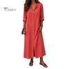Middellange Jurk Dames Zomer Knopen Lange Jurk, Casual Losse V-hals Tuniek Op te rollen Mouw Vakantie Lounge Outfits Feest