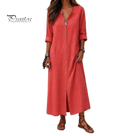 Middellange Jurk Dames Zomer Knopen Lange Jurk, Casual Losse V-hals Tuniek Op te rollen Mouw Vakantie Lounge Outfits Feest