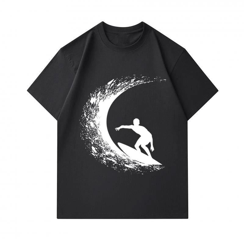 Men's 100% Cotton Crew Neck Short Sleeve T-Shirt, Cool Surfer Curl Wave Silhouette Print Casual Summer Breathable Tee Top For Daily Wear