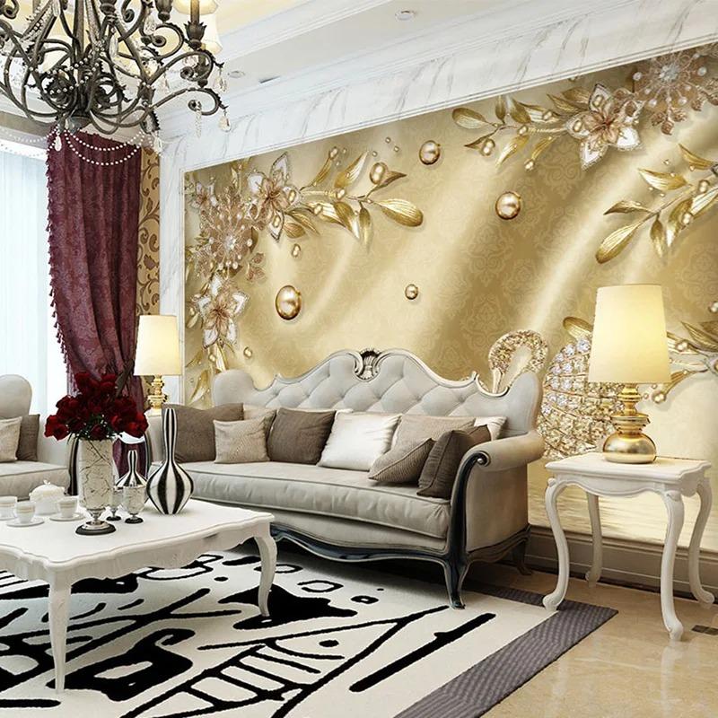 Mural de Perete Stil European Lux Auriu Flori Bijuterii Tapet Living Mural 3d Decor Acasă