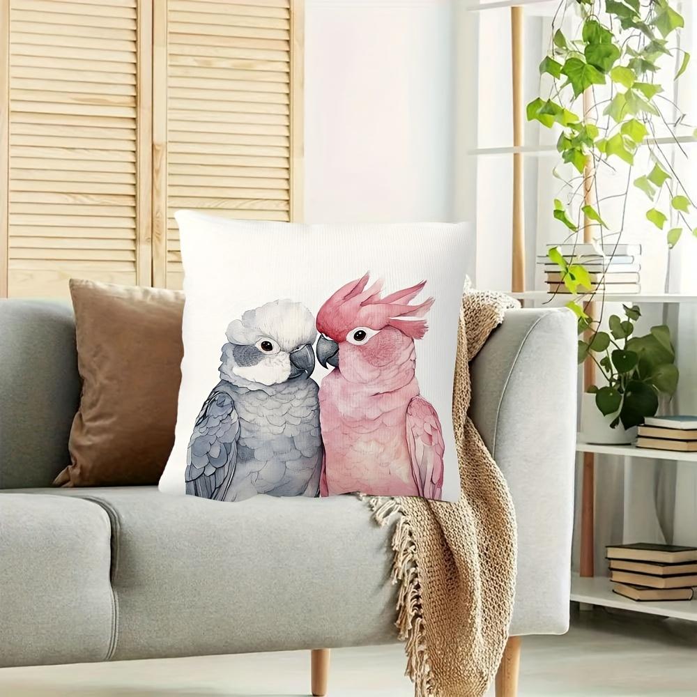 1Pc Of A Short Plush Decorative Pillow Cover Featuring A Pink And Grey Watercolor Design Of A Couple Of Galah Cockatoos, Printed