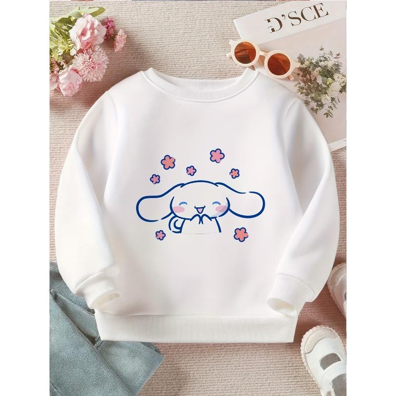 European Size Sanrio Cartoon Printed Girls Casual Sweatshirt Chibi White Ears with Pink Blossoms Children's Sports Long Sleeve Crewneck Pullover