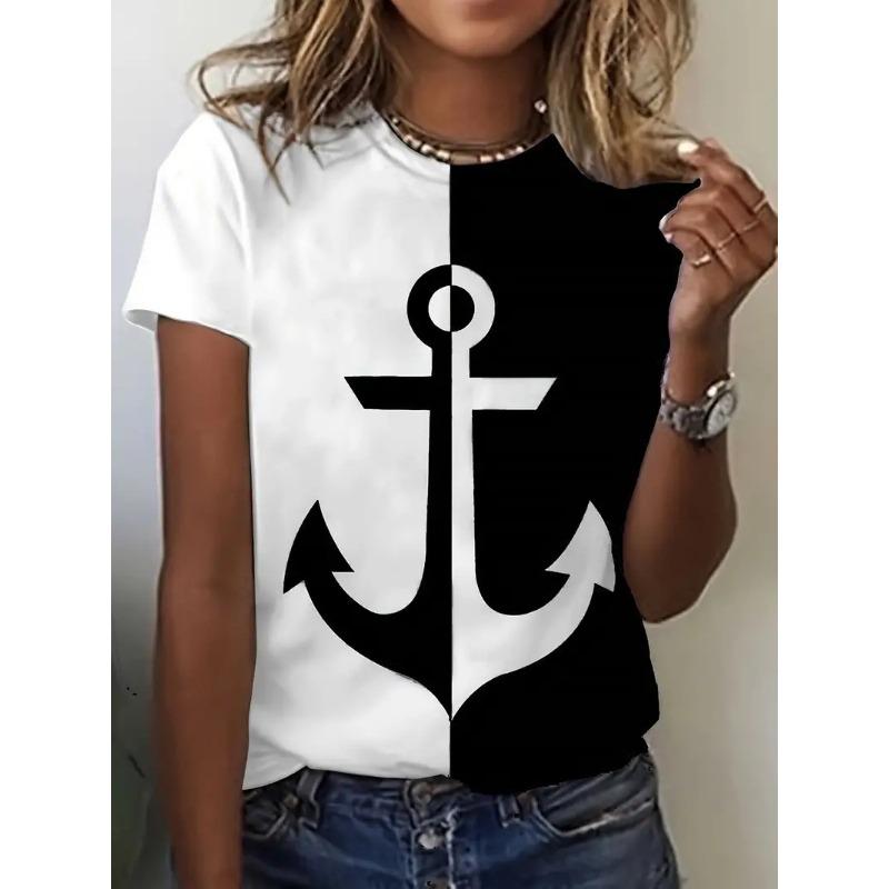 Summer Round Neck 3D Barb Print Top Fashionable Casual Short Sleeved Women's T-shirts