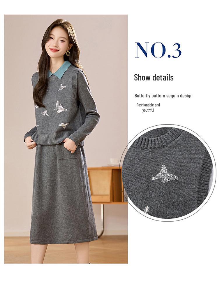 Damski dzianinowy zestaw dwuczęściowy: Kamizelka z okrągłym dekoltem i kardigan o średniej długości z długim rękawem Sukienka wełniana