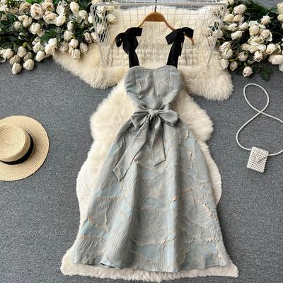 Nowa moda w stylu vintage żakardowa sukienka damska seksowna bez rękawów z kokardą Spaghetti pasek eleganckie sukienki przeciwsłoneczne