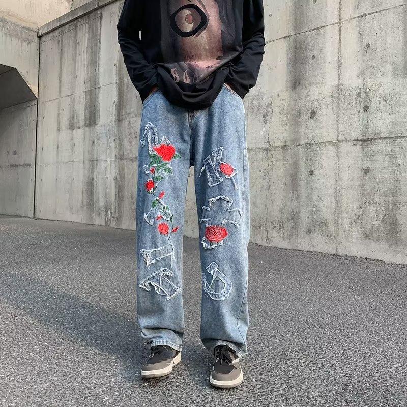 

Летние мужские джинсы с вышивкой в ​​американском стиле, прямые свободные брюки в стиле ретро, ​​повседневные брюки для улицы, однотонные брюки, большой размер 2XL синий