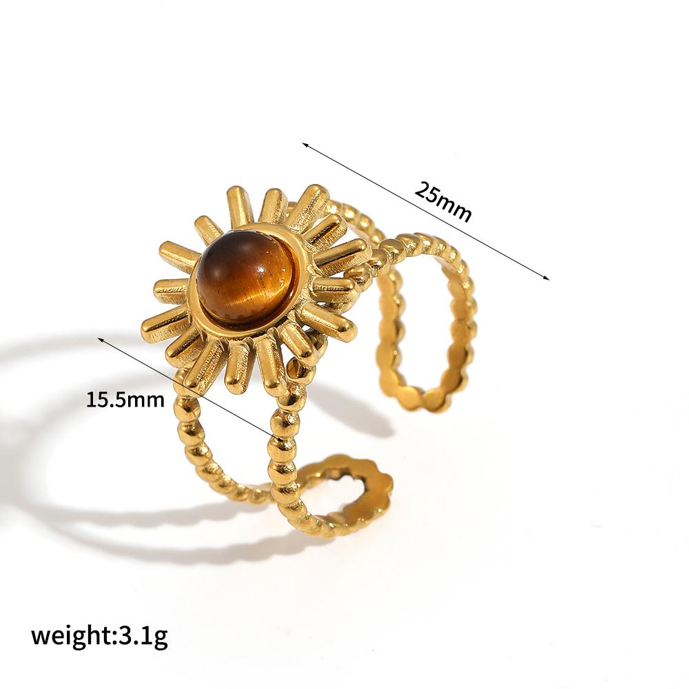 Vintage Natural Tiger's-eye Stone Geometric Gold Plated Stainless Steel Ring Trendy Fashion Ring Jewelry