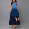 Women Loose Sleeveless Round Neck Dress Elegant Watercolor Floral Branches Calf Length Gown