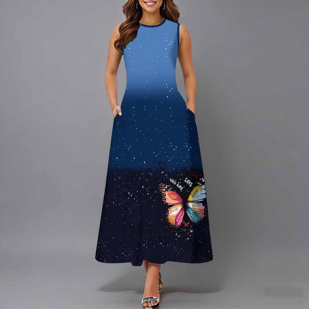 Women Loose Sleeveless Round Neck Dress Elegant Watercolor Floral Branches Calf Length Gown