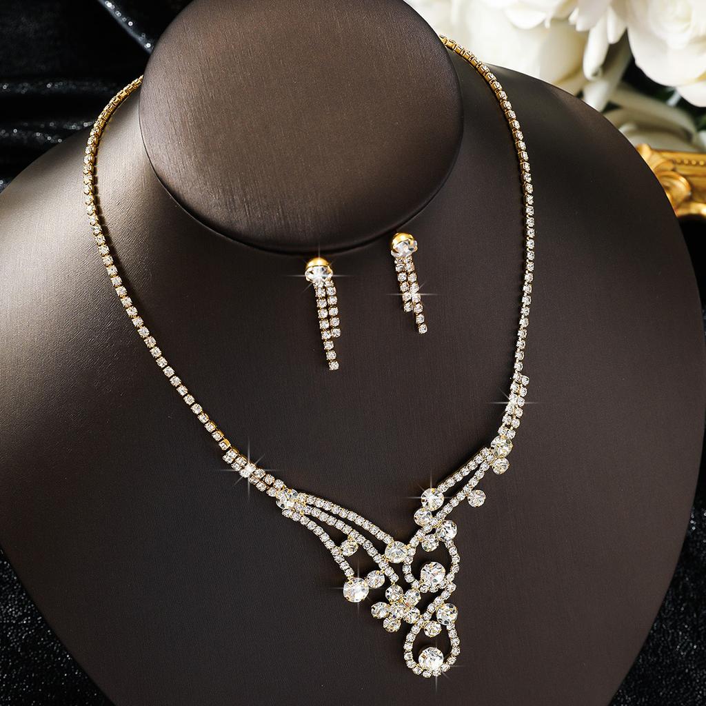 Fashion Super Beauty Necklace Earrings Set Diamond Shiny Stud Earrings Wedding Party Two-Piece Wedding Dress Dress Accessories Women