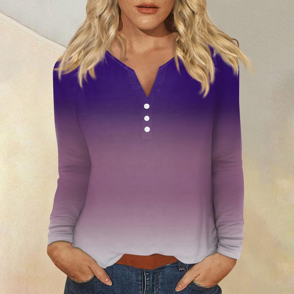 Women's Fashion Casual Printed V-neck Long Sleeve Button Up T-shirt Top