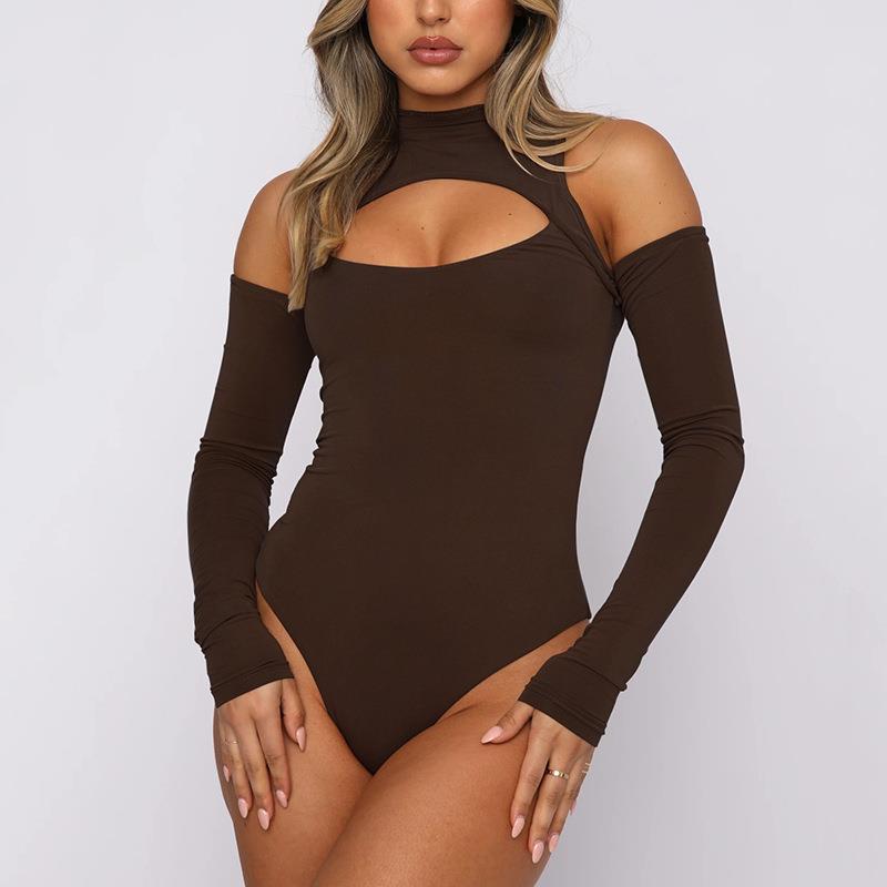 European and American Autumn Women's Spicy Girl Hollow Out Slimming Half High Neck Long Sleeved Backless Off Shoulder Jumpsuit