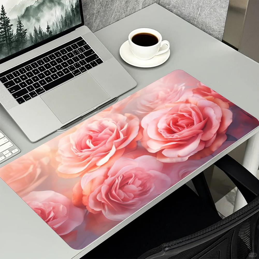 Elegant Soft Pink Rose Floral Art Large Extended Mouse Pad NonSlip Rubber Base With Stitched Edges For Gaming And Office Use