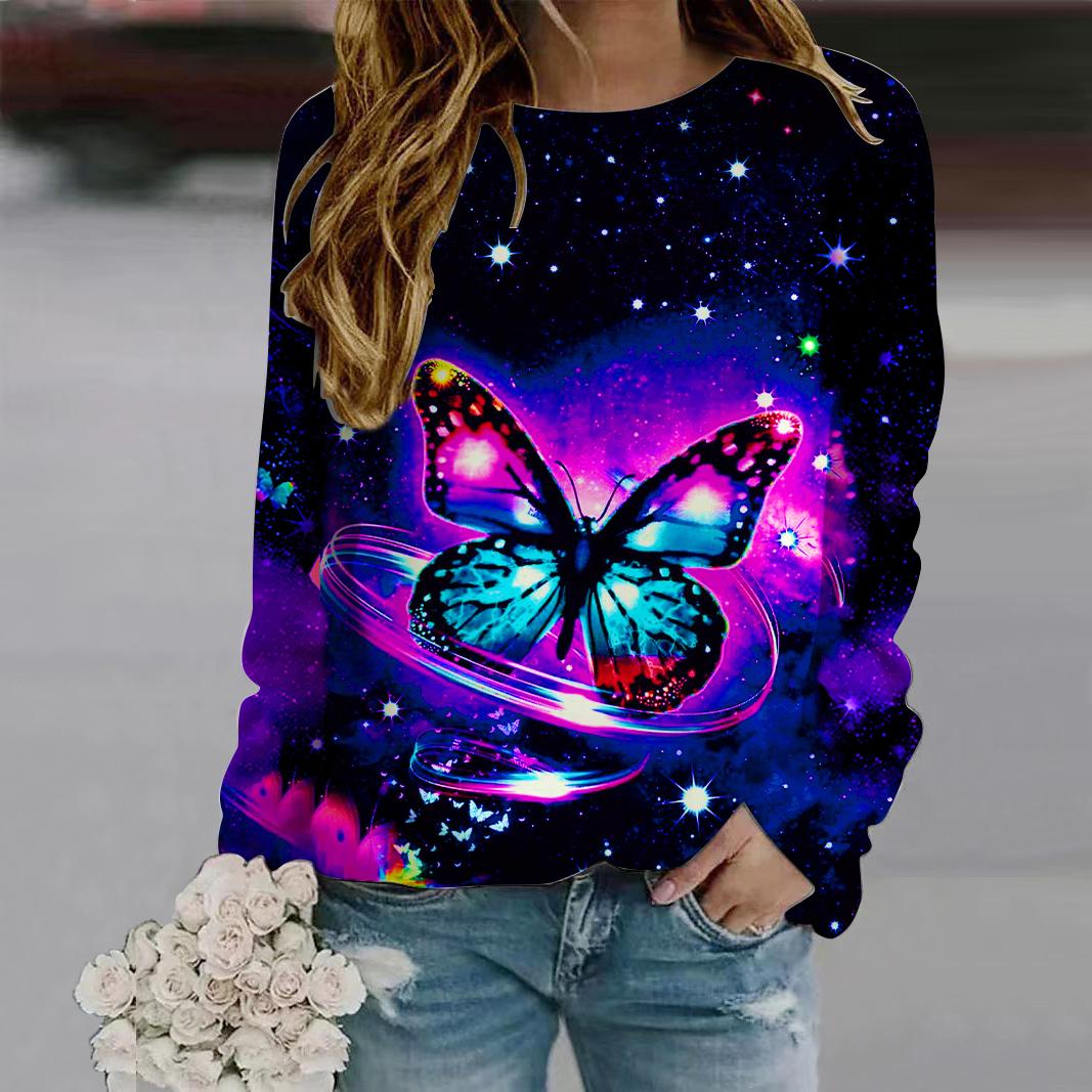 

Осенняя женская модная футболка с круглым вырезом и длинным рукавом, свободная одежда, синяя футболка с принтом «любовь и бабочка» для девочек, уличная XL темно-синий