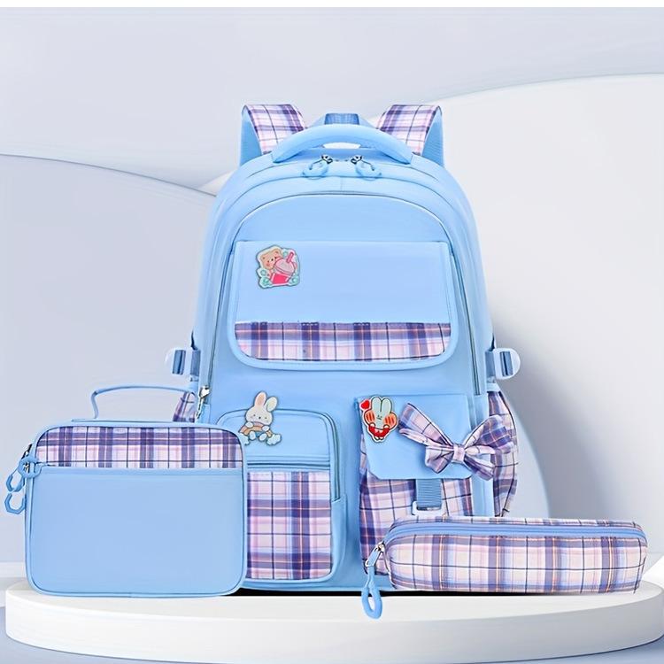 Bow Plaid Girls School Bag 3-Piece Set Backpack with Lunch Bag Pen Case Pink
