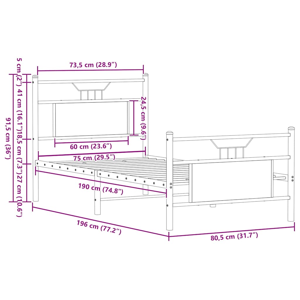 Bed Frame without Mattress Sonoma Oak Finish 75 x 190 cm Engineered Wood